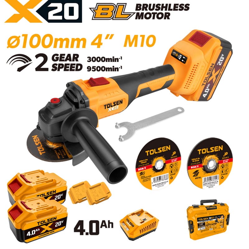 Complete TOLSEN 20V brushless 100mm angle grinder kit, displayed with two high-capacity 4.0Ah batteries, fast charger, hard storage case, and cutting discs.