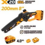 TOLSEN 20V brushless 8-inch cordless chain saw kit, pictured with a high-capacity 4.0Ah lithium-ion battery installed, featuring an auto-oiling system.