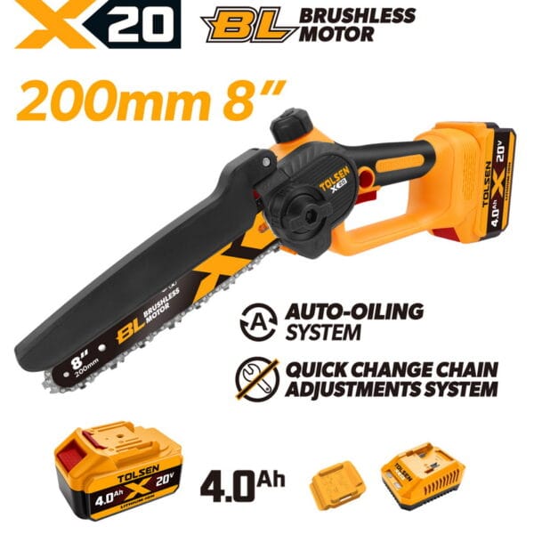 TOLSEN 20V brushless 8-inch cordless chain saw kit, pictured with a high-capacity 4.0Ah lithium-ion battery installed, featuring an auto-oiling system.