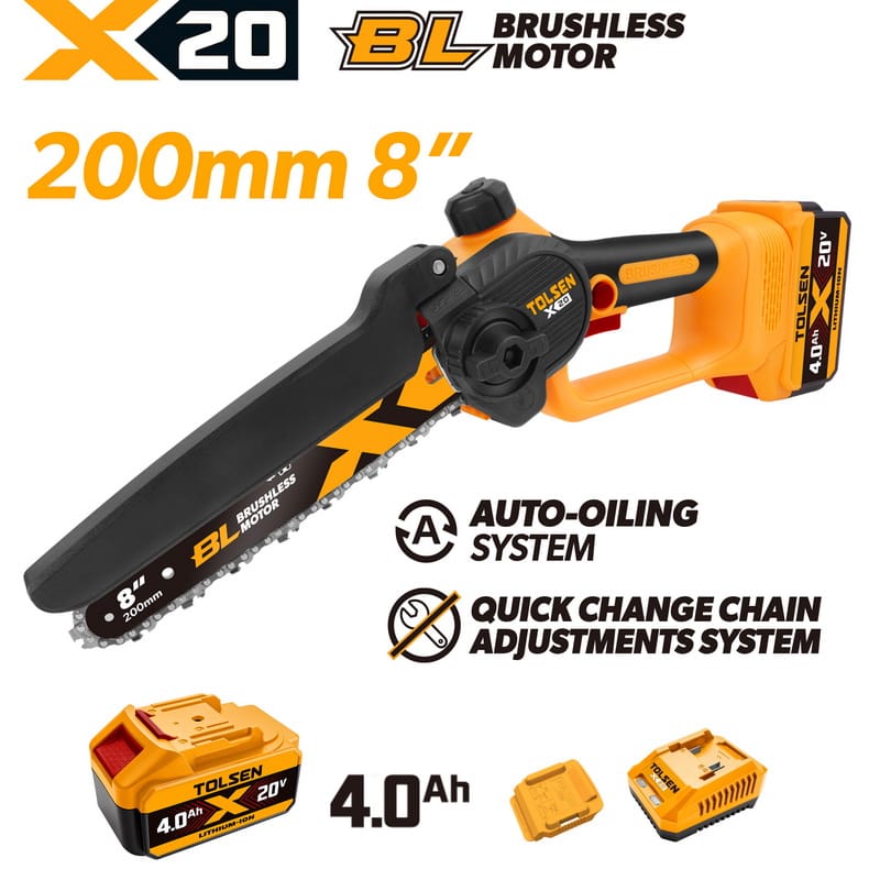 TOLSEN 20V brushless 8-inch cordless chain saw kit, pictured with a high-capacity 4.0Ah lithium-ion battery installed, featuring an auto-oiling system.