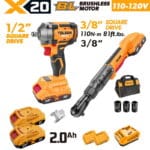 TOLSEN 20V brushless power tool combo kit specifically for North America, including a 3/8-inch ratchet wrench, a 1/2-inch impact wrench, two 2.0Ah batteries, a 110-120V wall charger, and a carrying bag.