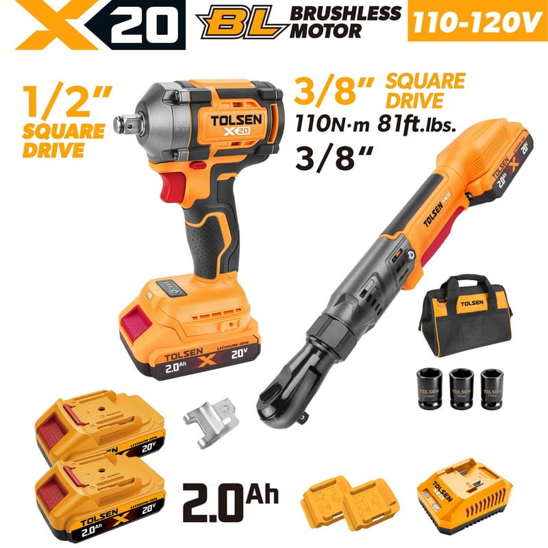 TOLSEN 20V brushless power tool combo kit specifically for North America, including a 3/8-inch ratchet wrench, a 1/2-inch impact wrench, two 2.0Ah batteries, a 110-120V wall charger, and a carrying bag.