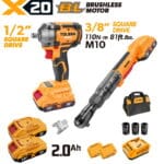 TOLSEN 20V brushless automotive 2-piece combo kit, featuring a 110Nm 3/8-inch ratchet wrench and a 1/2-inch impact wrench, displayed with two 2.0Ah batteries, a charger, impact sockets, and a tool bag.