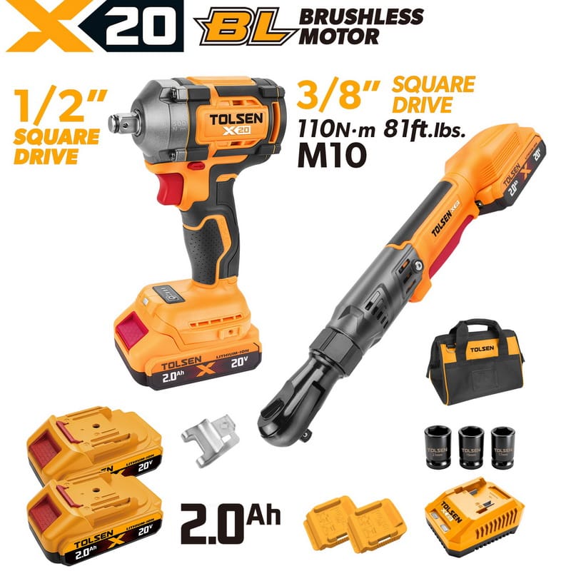 TOLSEN 20V brushless automotive 2-piece combo kit, featuring a 110Nm 3/8-inch ratchet wrench and a 1/2-inch impact wrench, displayed with two 2.0Ah batteries, a charger, impact sockets, and a tool bag.