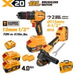 TOLSEN 20V heavy-duty brushless 2-piece combo kit, featuring a 70Nm hammer drill and a 115mm (4-1/2 inch) M14 angle grinder, displayed with two 4.0Ah batteries, charger, and a hard case.