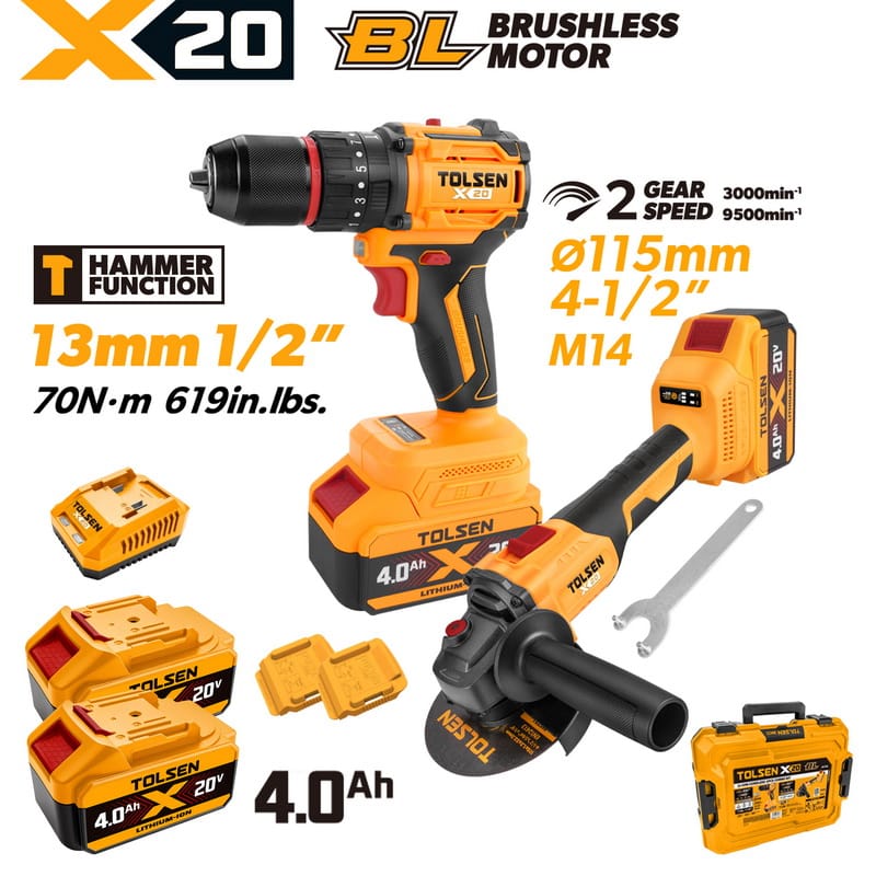 TOLSEN 20V heavy-duty brushless 2-piece combo kit, featuring a 70Nm hammer drill and a 115mm (4-1/2 inch) M14 angle grinder, displayed with two 4.0Ah batteries, charger, and a hard case.