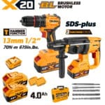 TOLSEN 20V heavy-duty brushless 2-piece combo kit, featuring a 70Nm hammer drill and a 3-function SDS-plus rotary hammer, displayed with two 4.0Ah batteries, charger, and SDS accessories.