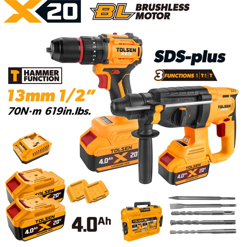 TOLSEN 20V heavy-duty brushless 2-piece combo kit, featuring a 70Nm hammer drill and a 3-function SDS-plus rotary hammer, displayed with two 4.0Ah batteries, charger, and SDS accessories.