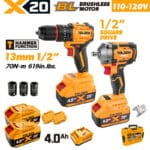 TOLSEN 20V brushless power tool combo kit specifically for North America, including a 70Nm hammer drill, a 500Nm 1/2-inch impact wrench, two 4.0Ah batteries, and a 110-120V fast charger.