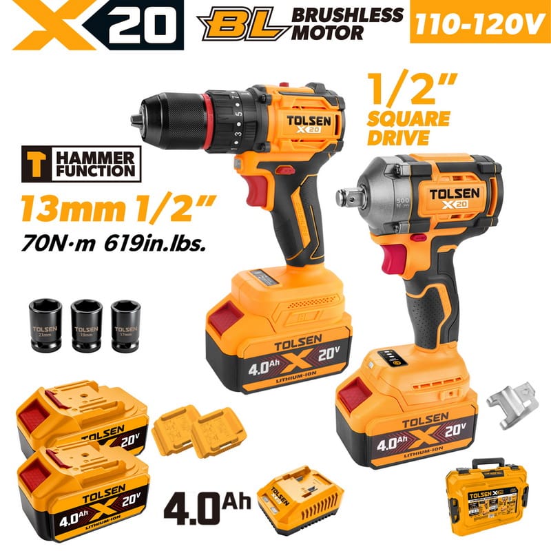 TOLSEN 20V brushless power tool combo kit specifically for North America, including a 70Nm hammer drill, a 500Nm 1/2-inch impact wrench, two 4.0Ah batteries, and a 110-120V fast charger.