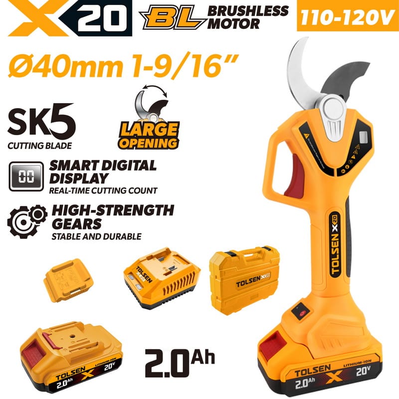 TOLSEN 20V X20 Cordless Brushless 1-9/16" Pruning Shears 110-120V Kit with 2.0Ah Battery and Case