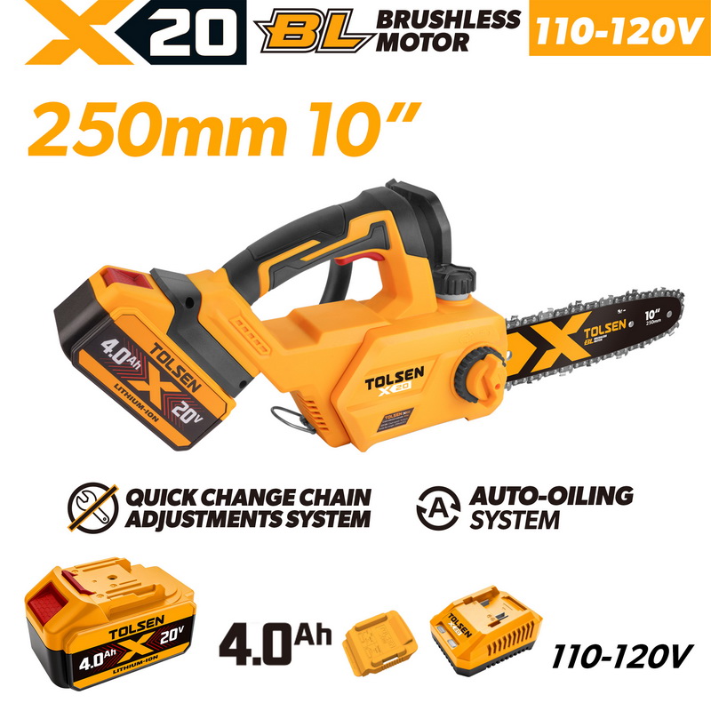 TOLSEN 20V X20 Cordless Brushless 10" Chain Saw 110-120V Kit with 4.0Ah Battery and Charger