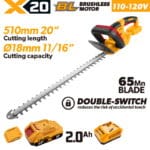 TOLSEN 20V X20 Cordless Brushless 20" Hedge Trimmer 110-120V Kit with 2.0Ah Battery and Charger
