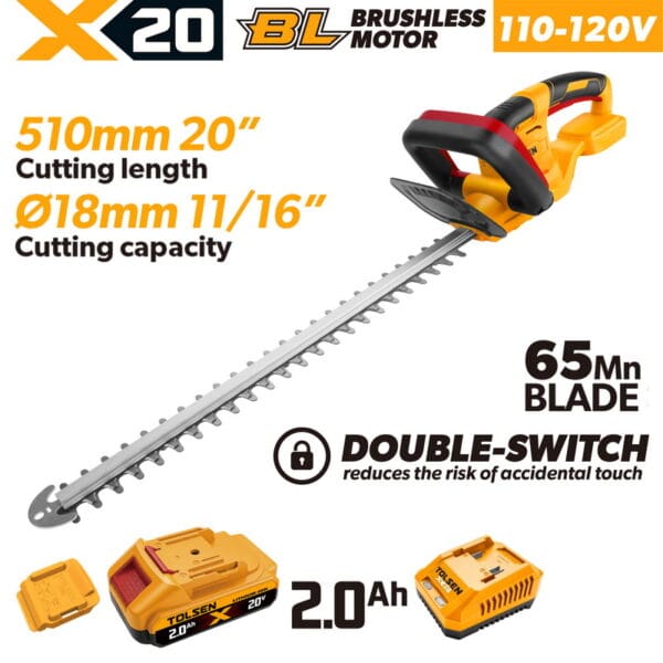 TOLSEN 20V X20 Cordless Brushless 20" Hedge Trimmer 110-120V Kit with 2.0Ah Battery and Charger