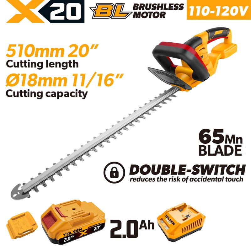 TOLSEN 20V X20 Cordless Brushless 20" Hedge Trimmer 110-120V Kit with 2.0Ah Battery and Charger