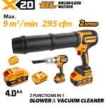 Complete TOLSEN 20V brushless turbo jet blower and vacuum cleaner kit featuring a 295 cfm airflow, displayed with one high-capacity 4.0Ah battery and a charger.