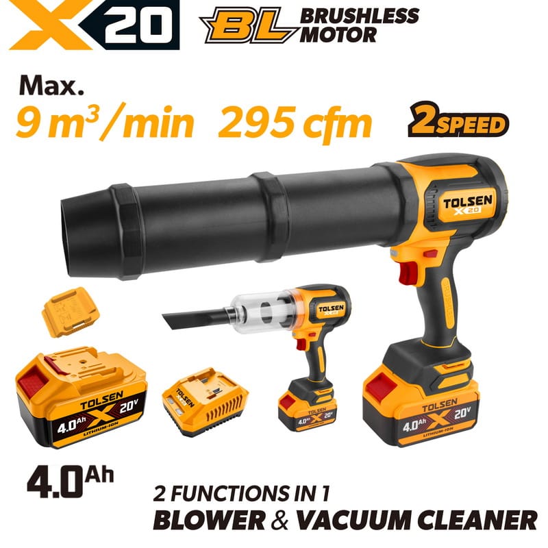 Complete TOLSEN 20V brushless turbo jet blower and vacuum cleaner kit featuring a 295 cfm airflow, displayed with one high-capacity 4.0Ah battery and a charger.