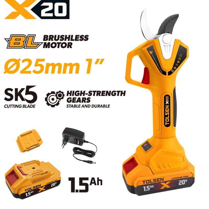 TOLSEN 20V Brushless Cordless 25mm Pruning Shears Kit with 1.5Ah Li-ion Battery and EU Plug Charger