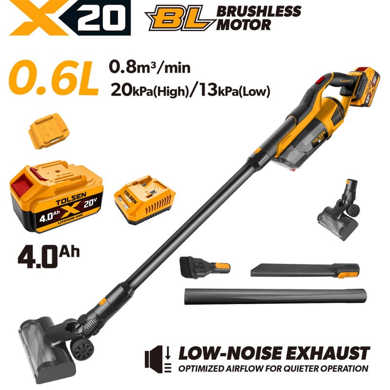 Complete TOLSEN 20V brushless cordless vacuum cleaner kit featuring 2-speed 20kPa suction, displayed with one high-capacity 4.0Ah battery, charger, extension tube, and multiple cleaning nozzles.