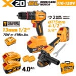TOLSEN 20V brushless power tool combo kit specifically for North America, including a 1/2-inch hammer drill, a 4-1/2 inch 5/8-spindle angle grinder, two 4.0Ah batteries, and a 110-120V fast charger.