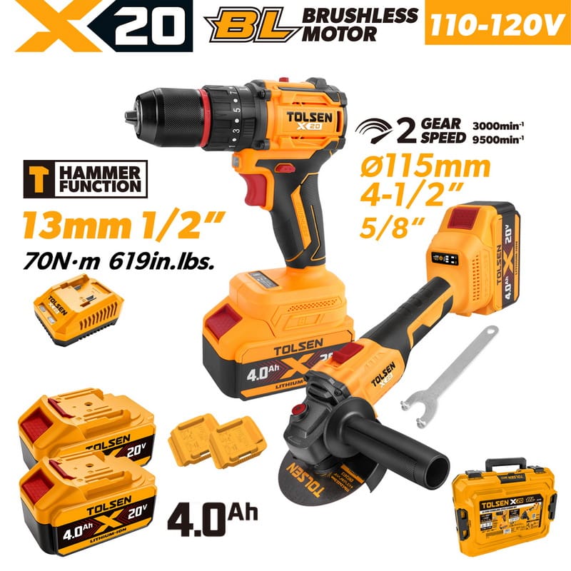 TOLSEN 20V brushless power tool combo kit specifically for North America, including a 1/2-inch hammer drill, a 4-1/2 inch 5/8-spindle angle grinder, two 4.0Ah batteries, and a 110-120V fast charger.