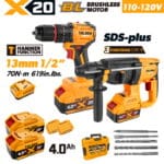 TOLSEN 20V brushless power tool combo kit specifically for North America, including a 1/2-inch hammer drill, an SDS-plus rotary hammer, two 4.0Ah batteries, and a 110-120V wall charger.
