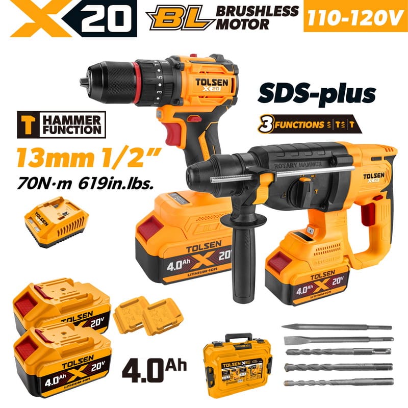 TOLSEN 20V brushless power tool combo kit specifically for North America, including a 1/2-inch hammer drill, an SDS-plus rotary hammer, two 4.0Ah batteries, and a 110-120V wall charger.