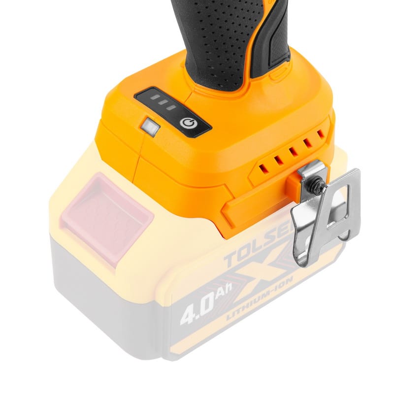 TOLSEN 20V Cordless Impact Wrench Base Showing Electronic Speed Adjustment Panel, LED Light, and Belt Clip