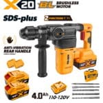 TOLSEN 20V brushless SDS-Plus rotary hammer full kit, specifically featuring a 110-120V fast charger for North American markets, along with two 4.0Ah batteries and accessories.