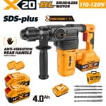 TOLSEN 20V brushless SDS-Plus rotary hammer full kit, specifically featuring a 110-120V fast charger for North American markets, along with two 4.0Ah batteries and accessories.