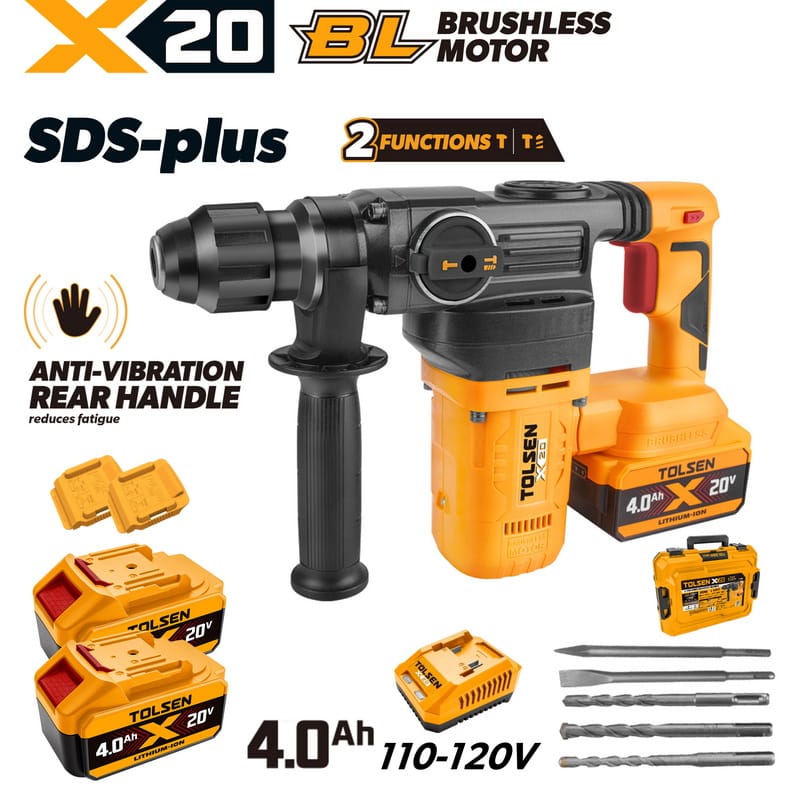TOLSEN 20V brushless SDS-Plus rotary hammer full kit, specifically featuring a 110-120V fast charger for North American markets, along with two 4.0Ah batteries and accessories.