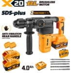 Complete TOLSEN 20V heavy-duty brushless SDS-Plus rotary hammer kit, displayed with two high-capacity 4.0Ah batteries, fast charger, hard case, and SDS drill bits.