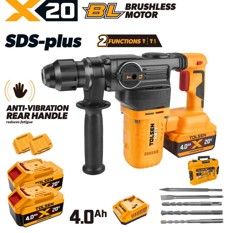 Complete TOLSEN 20V heavy-duty brushless SDS-Plus rotary hammer kit, displayed with two high-capacity 4.0Ah batteries, fast charger, hard case, and SDS drill bits.