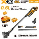 TOLSEN 20V brushless cordless stick vacuum cleaner full kit specifically for North America, featuring a 110-120V charger, a 4.0Ah battery, low-noise operation, and floor cleaning accessories.