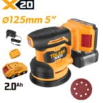 Complete TOLSEN 20V cordless 125mm random orbit sander kit for woodworking, displayed with one 2.0Ah lithium-ion battery, a standard plug-in charger, dust box, and sanding disc.