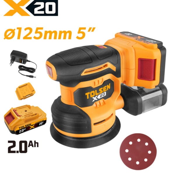 Complete TOLSEN 20V cordless 125mm random orbit sander kit for woodworking, displayed with one 2.0Ah lithium-ion battery, a standard plug-in charger, dust box, and sanding disc.