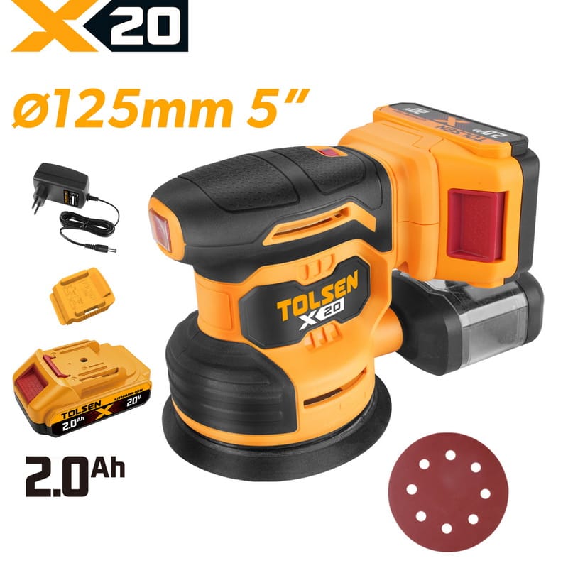 Complete TOLSEN 20V cordless 125mm random orbit sander kit for woodworking, displayed with one 2.0Ah lithium-ion battery, a standard plug-in charger, dust box, and sanding disc.