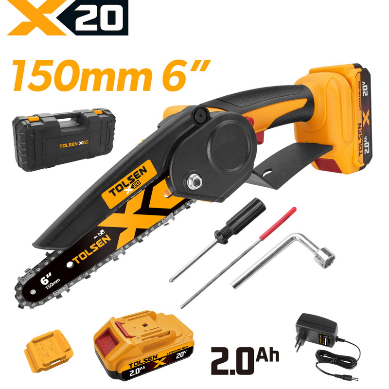 TOLSEN 20V X20 Cordless 150mm Chain Saw Kit with 2.0Ah Battery, EU Charger, and Carry Case