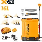 Complete TOLSEN 20V cordless 16-liter knapsack sprayer kit for garden and farm, displayed with one 2.0Ah lithium-ion battery, a standard charger, and a full set of spray nozzles.