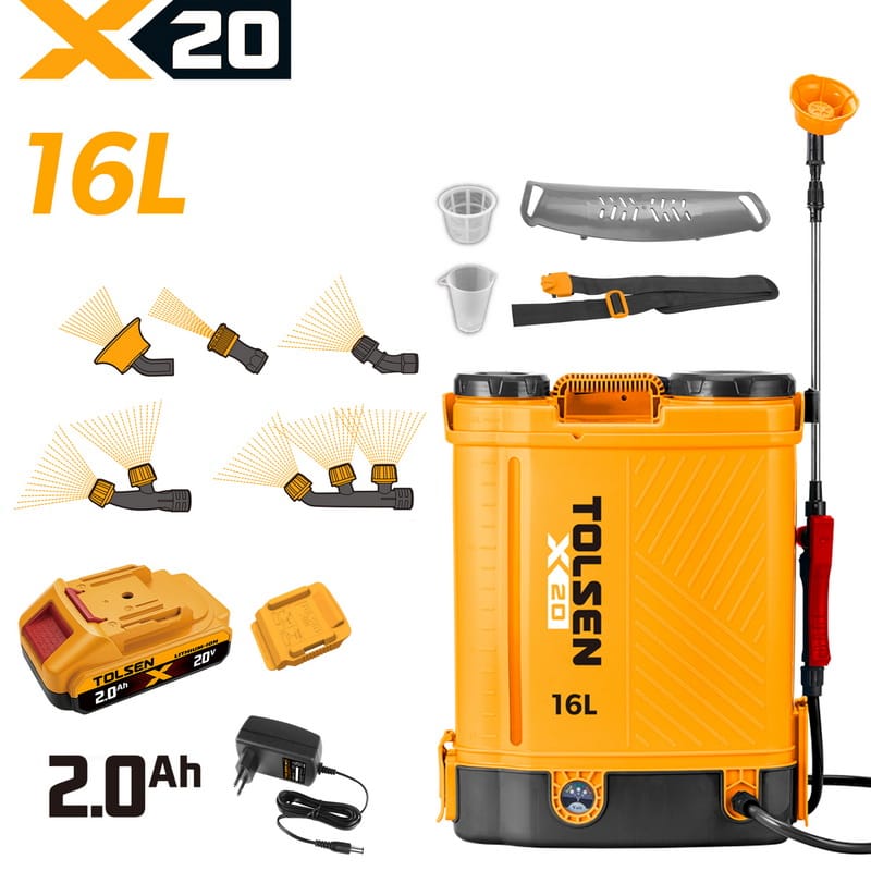 Complete TOLSEN 20V cordless 16-liter knapsack sprayer kit for garden and farm, displayed with one 2.0Ah lithium-ion battery, a standard charger, and a full set of spray nozzles.