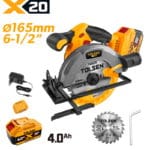 Complete TOLSEN 20V cordless 165mm circular saw kit ready for woodworking, displayed with one high-capacity 4.0Ah lithium-ion battery, charger, parallel guide, and a 24T saw blade.