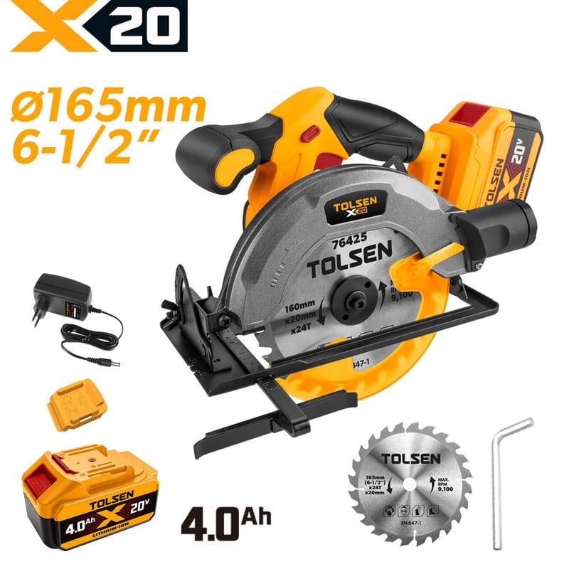 Complete TOLSEN 20V cordless 165mm circular saw kit ready for woodworking, displayed with one high-capacity 4.0Ah lithium-ion battery, charger, parallel guide, and a 24T saw blade.