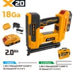 Complete TOLSEN 20V cordless 18Ga nail gun kit capable of driving up to 6000 nails per charge, displayed with one 2.0Ah battery, charger, and a hard storage case.
