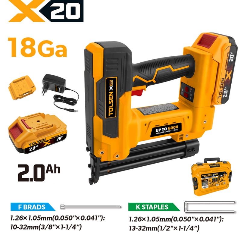Complete TOLSEN 20V cordless 18Ga nail gun kit capable of driving up to 6000 nails per charge, displayed with one 2.0Ah battery, charger, and a hard storage case.