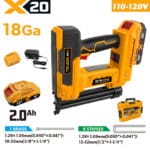TOLSEN 20V cordless 18-gauge combination brad nailer and stapler full kit specifically for North America, featuring a 110-120V charger, 2.0Ah battery, and carrying case.