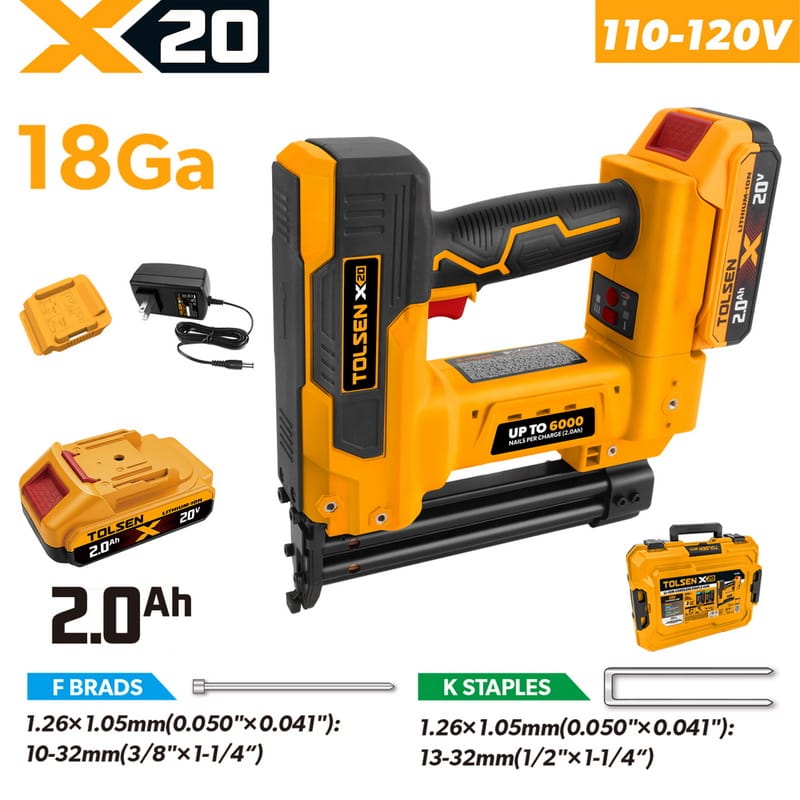 TOLSEN 20V cordless 18-gauge combination brad nailer and stapler full kit specifically for North America, featuring a 110-120V charger, 2.0Ah battery, and carrying case.
