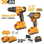 TOLSEN 20V cordless 2-piece combo kit, featuring a 35Nm 3/8-inch drill and a powerful 400Nm brushless 1/2-inch impact wrench, displayed with two 2.0Ah batteries, charger, and a tool bag.