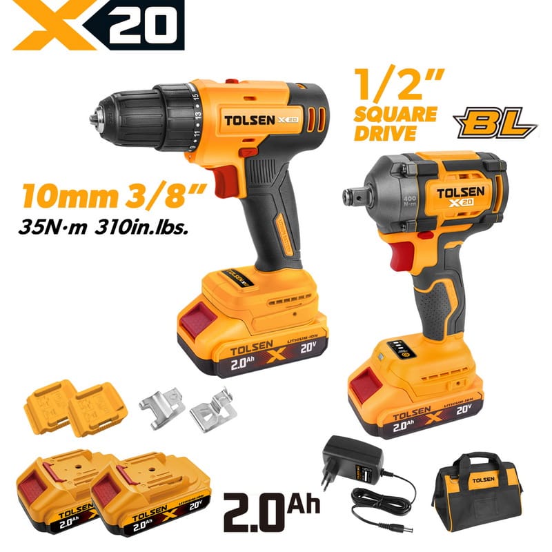 TOLSEN 20V cordless 2-piece combo kit, featuring a 35Nm 3/8-inch drill and a powerful 400Nm brushless 1/2-inch impact wrench, displayed with two 2.0Ah batteries, charger, and a tool bag.