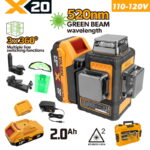TOLSEN 20V cordless 3x360 green laser level full kit specifically for North America, featuring a 110-120V charger, 520nm wavelength high-visibility green beam, a 2.0Ah battery, and accessories.