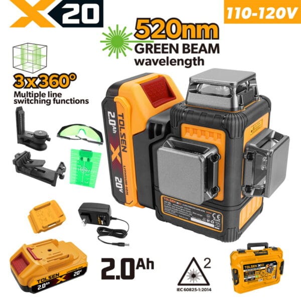 TOLSEN 20V cordless 3x360 green laser level full kit specifically for North America, featuring a 110-120V charger, 520nm wavelength high-visibility green beam, a 2.0Ah battery, and accessories.
